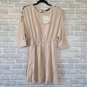 AVRILE Button Open Shoulder Minimalist Mini  Dress Cream Viscose Fiber Womens L